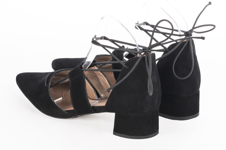 Matt black women's open side shoes, with lace straps. Tapered toe. Low flare heels. Rear view - Florence KOOIJMAN
